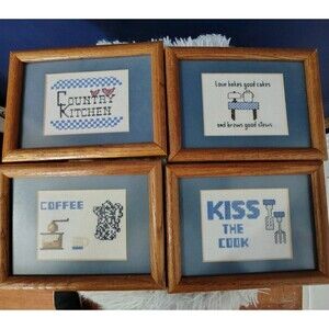Vintage Set Of 4 Needle Point Hand Made Kitchen Wall Decor Art